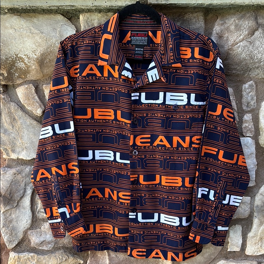 FUBU Boys Button Down Shirt All Over Logo Size 12/14 90s Street Wear